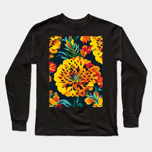 Colorful Marigolds Dark Abstract Artwork Long Sleeve T-Shirt by PatternToSuccess